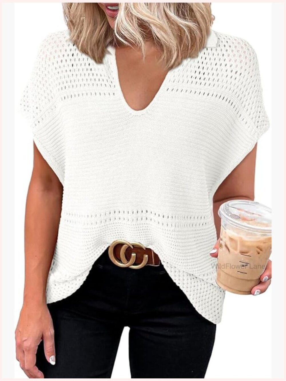 Crochet V-Neck Short Sleeve Sweater Top Dressy Casual Blouse